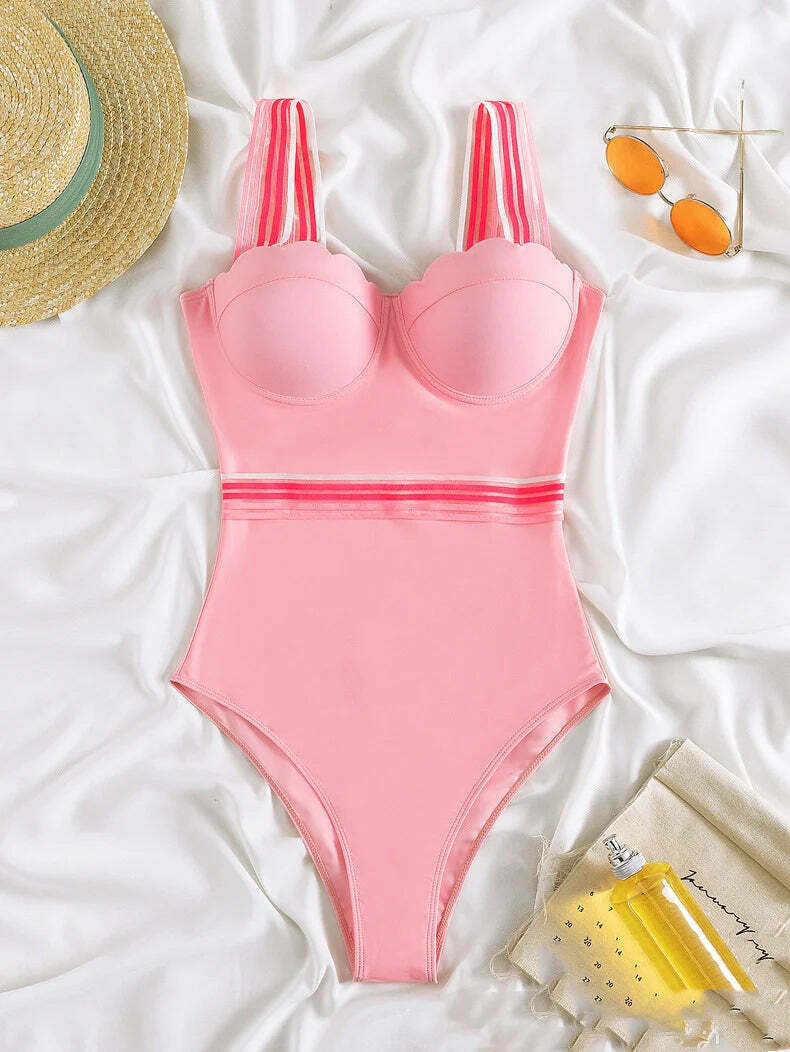 Pink One-Piece Strap Bikini for Y2K Aesthetic Fashionistas: Coquette, Grunge, and Pastel Goth Vibes