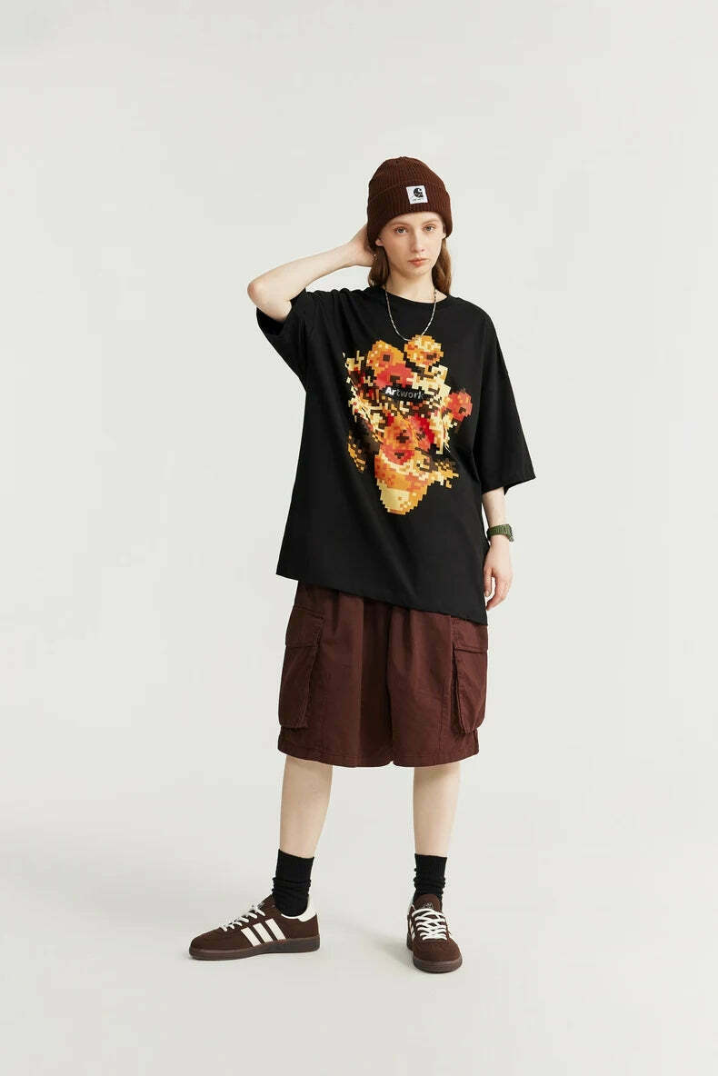 Pixelated Flowers Graphic Tee - Y2K Fashion Aesthetic Shirt for Women