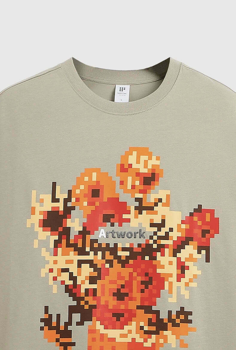 Pixelated Flowers Graphic Tee - Y2K Fashion Aesthetic Shirt for Women