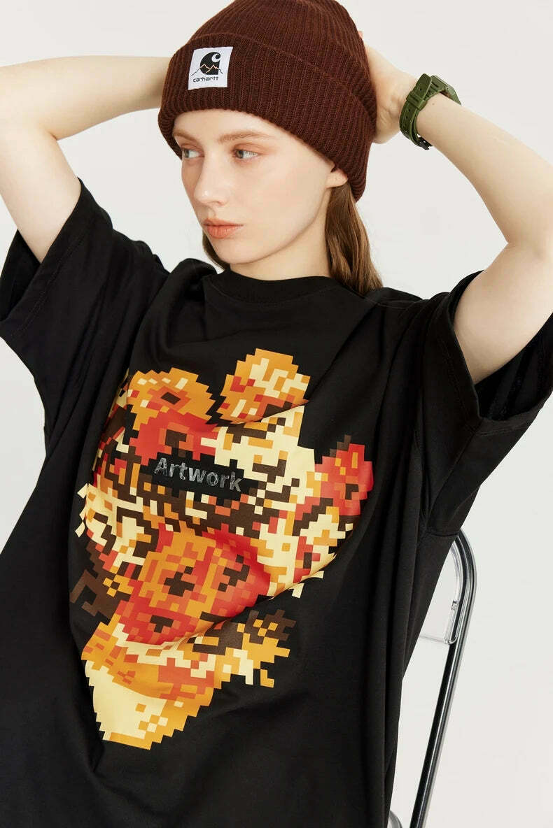 Pixelated Flowers Graphic Tee - Y2K Fashion Aesthetic Shirt for Women