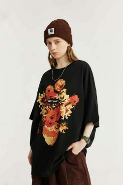 Pixelated Flowers Graphic Tee - Y2K Fashion Aesthetic Shirt for Women