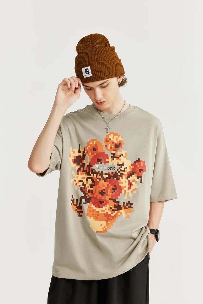Pixelated Flowers Graphic Tee - Y2K Fashion Aesthetic Shirt for Women