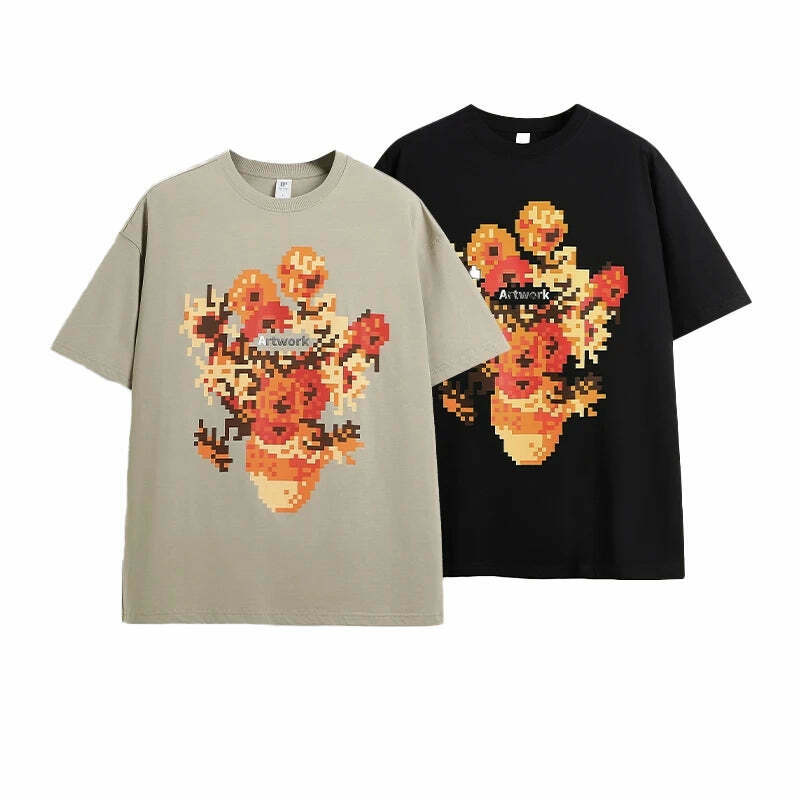 Pixelated Flowers Graphic Tee - Y2K Fashion Aesthetic Shirt for Women