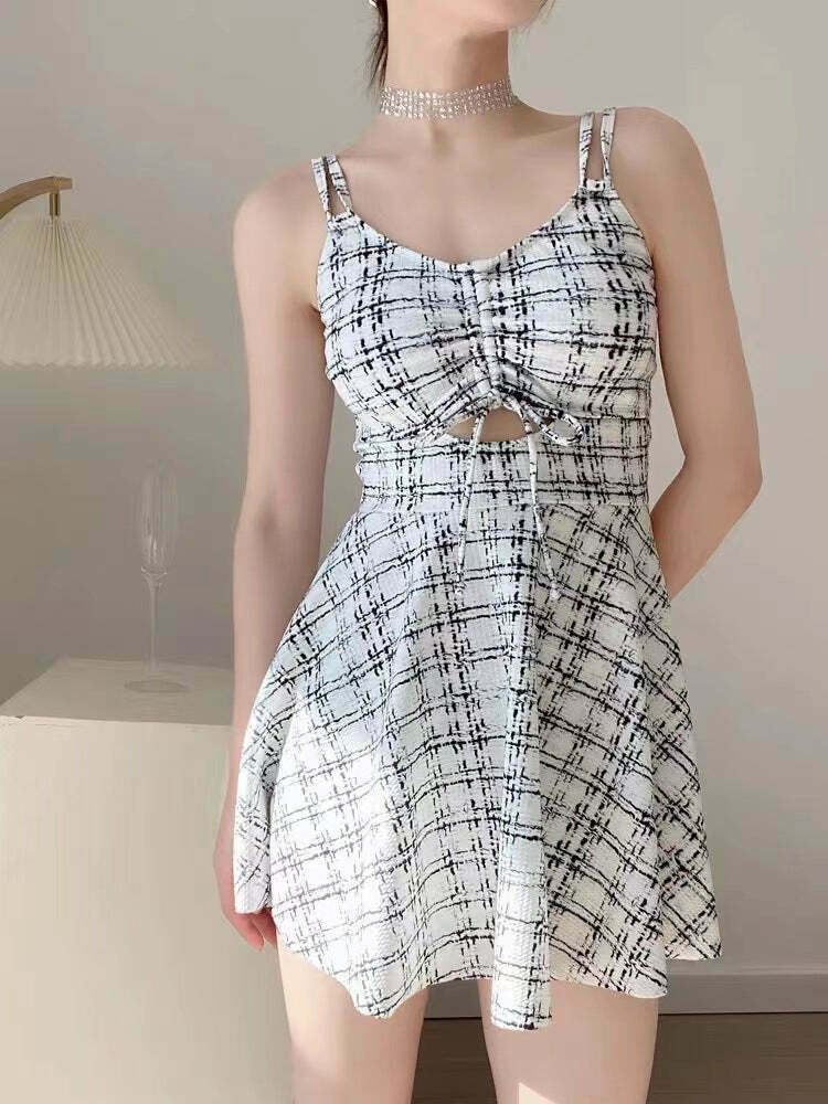 Plaid Metallic Cut Out Mini Swimwear Dress - Y2K Fashion Statement for Women