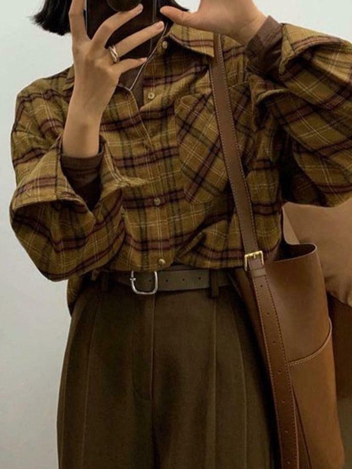 Plaid Print Loose Long Sleeve Blouse - Y2K Fashion Aesthetic - Coquette Style Grunge Outfits