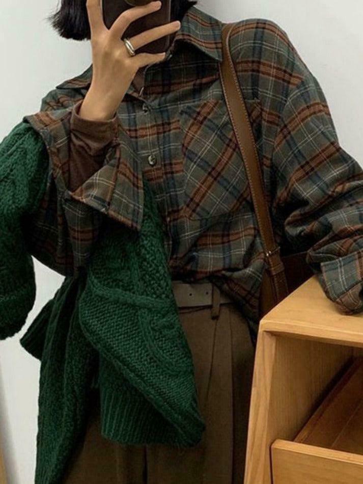 Plaid Print Loose Long Sleeve Blouse - Y2K Fashion Aesthetic - Coquette Style Grunge Outfits
