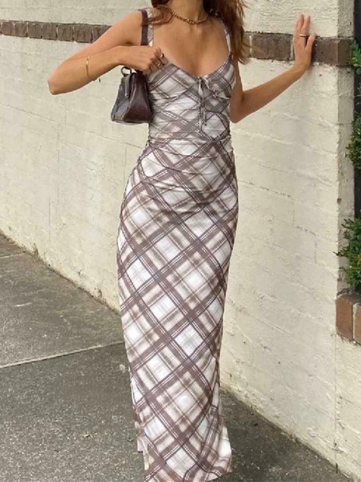 Plaid Print V Neck Midi Dress - Y2K Aesthetic Fashion for Women - Coquette Style Outfit