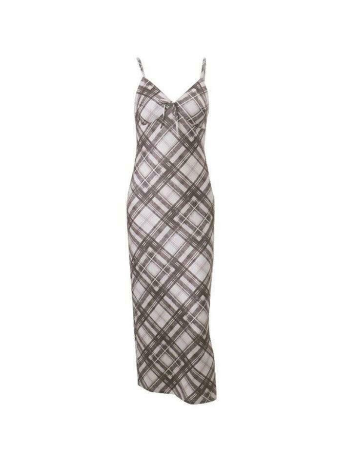 Plaid Print V Neck Midi Dress - Y2K Aesthetic Fashion for Women - Coquette Style Outfit