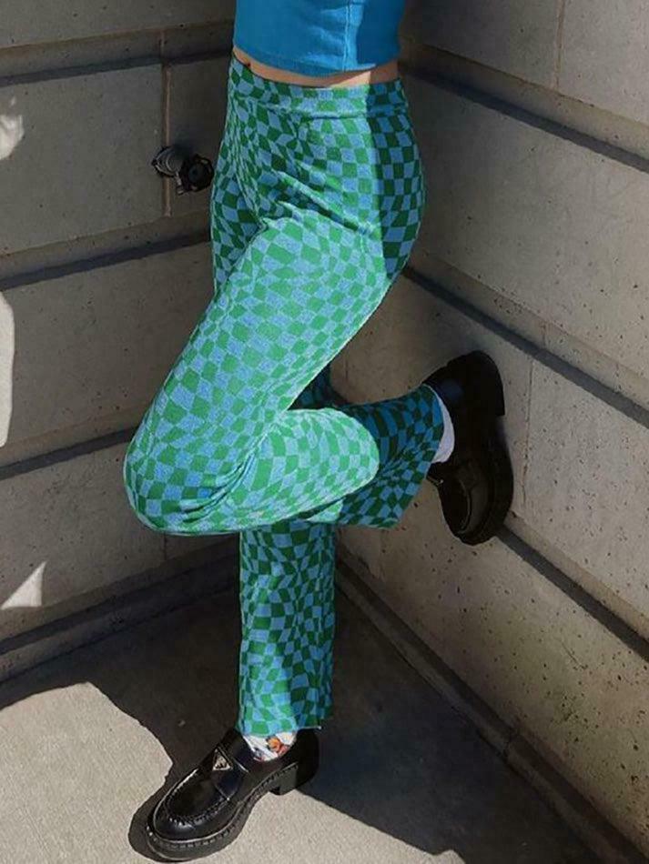 Psychedelic Checkerboard Print Wide-Leg Cargo Skirt for Y2K Aesthetic Fashion