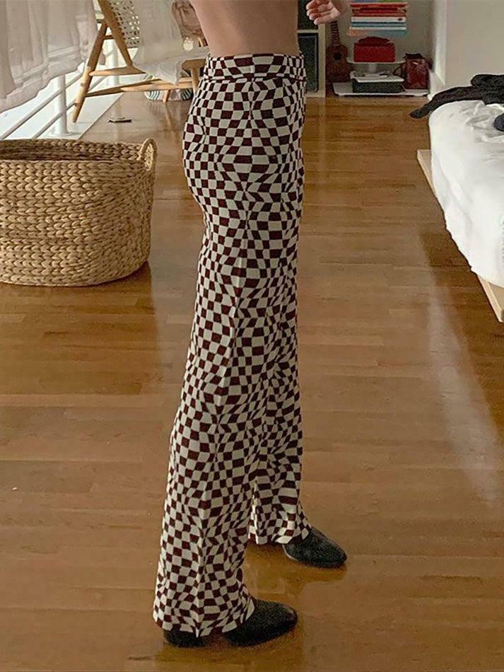 Psychedelic Checkerboard Print Wide-Leg Cargo Skirt for Y2K Aesthetic Fashion