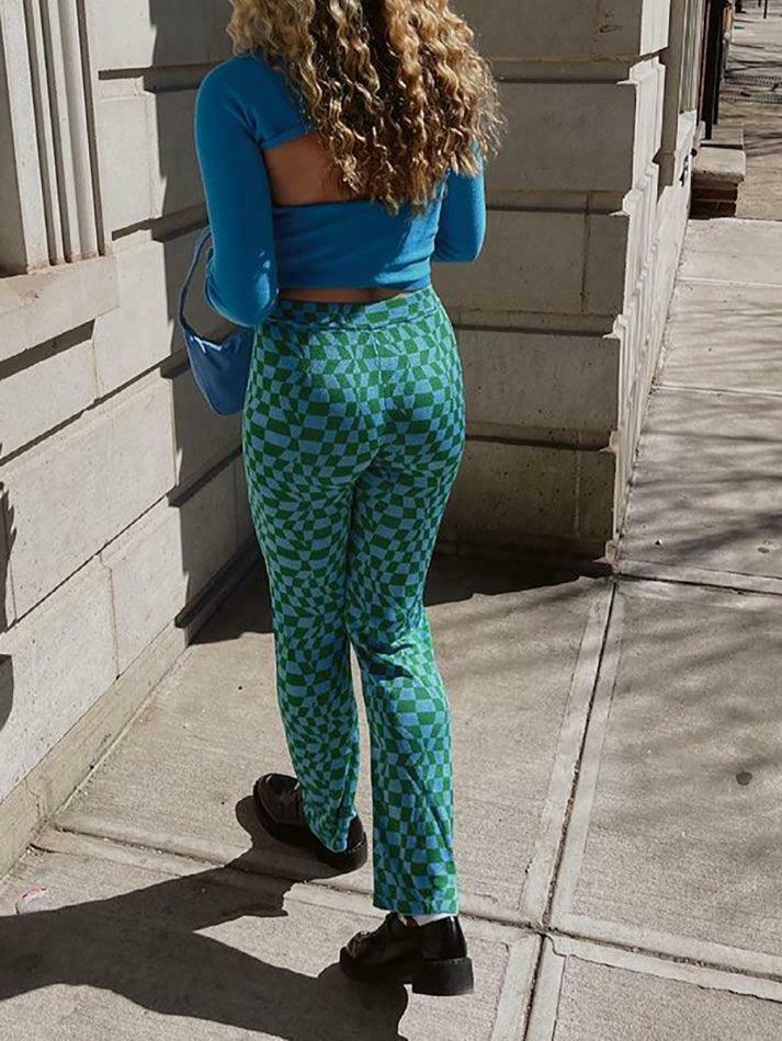 Psychedelic Checkerboard Print Wide-Leg Cargo Skirt for Y2K Aesthetic Fashion