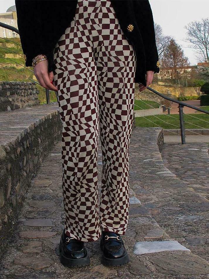 Psychedelic Checkerboard Print Wide-Leg Cargo Skirt for Y2K Aesthetic Fashion