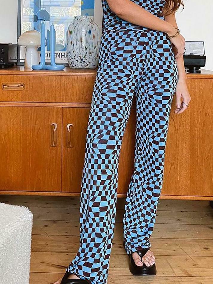 Psychedelic Checkerboard Print Wide-Leg Cargo Skirt for Y2K Aesthetic Fashion