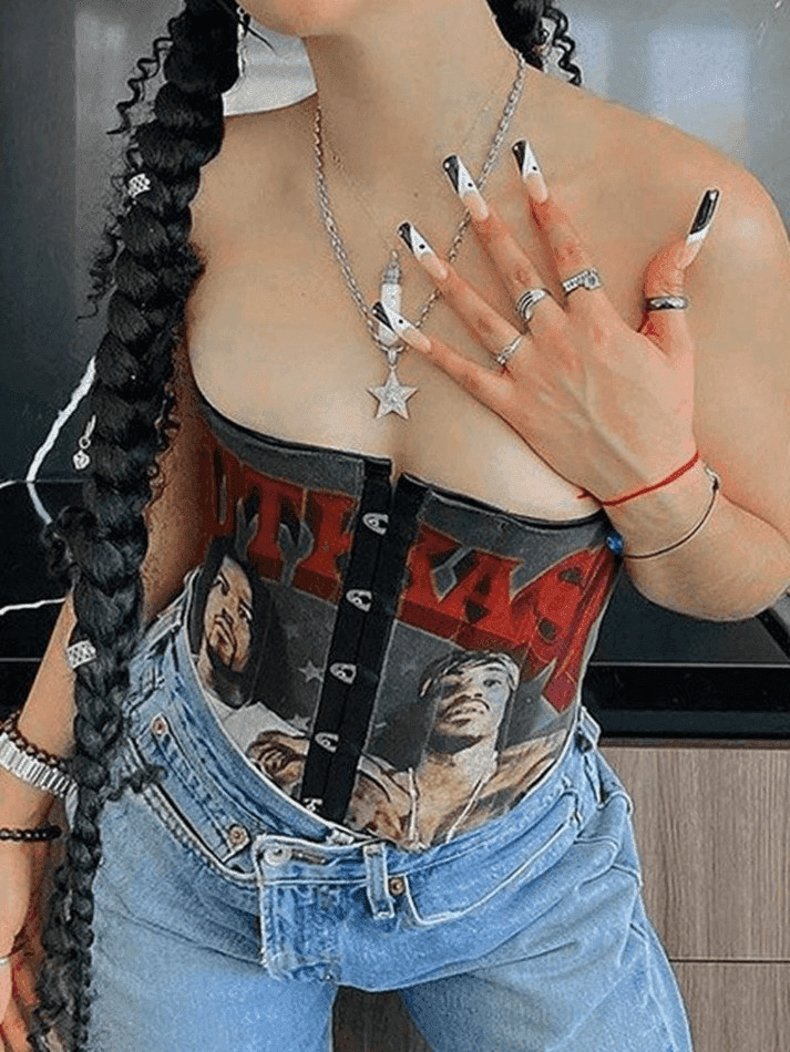 Punk Figure Graphic Corset Top for Y2K Fashion Enthusiasts with Coquette and Grunge Aesthetic Vibes