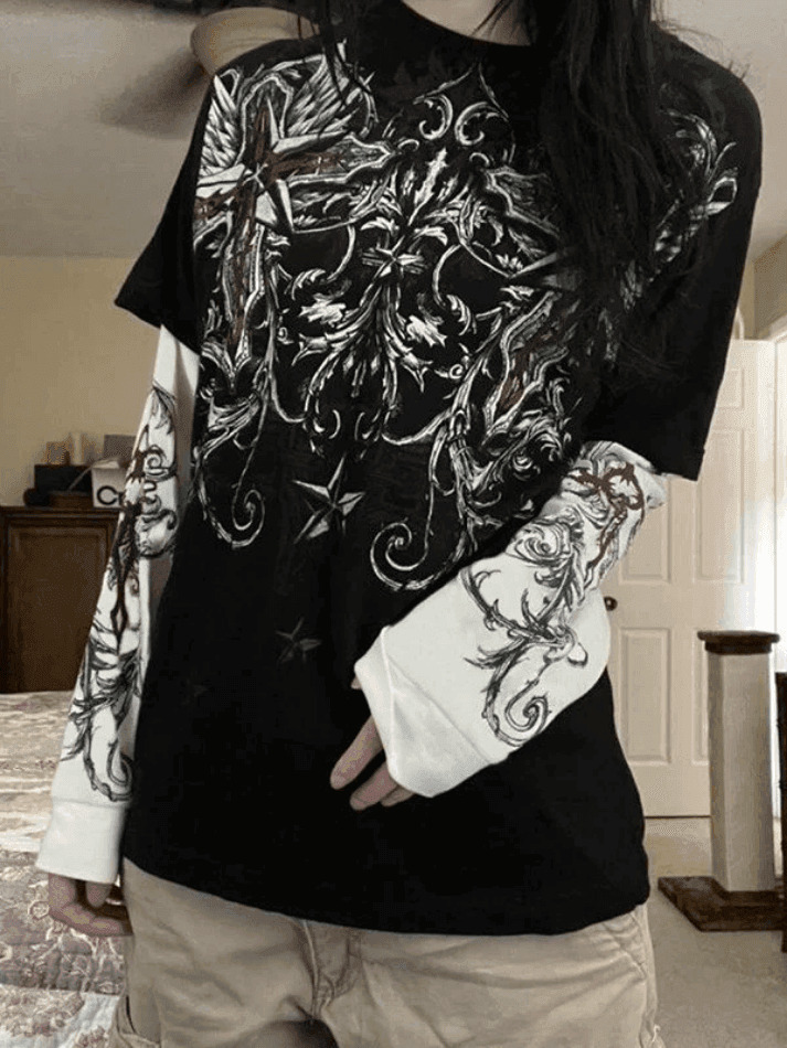 Punk Patchwork Graphic Tee: Y2K Aesthetic with Coquette & Grunge Style
