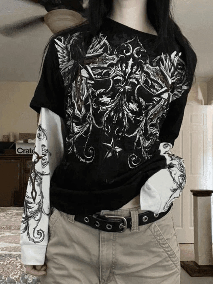 Punk Patchwork Graphic Tee: Y2K Aesthetic with Coquette & Grunge Style