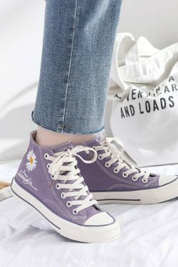 Purple & Black Lace-Up Sneakers with Daisy Decor - Y2K Fashion Aesthetic Women's Shoes