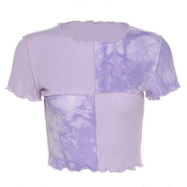 Purple Colorblock Ribbed Crop Top - Y2K Aesthetic Coquette Grunge Style