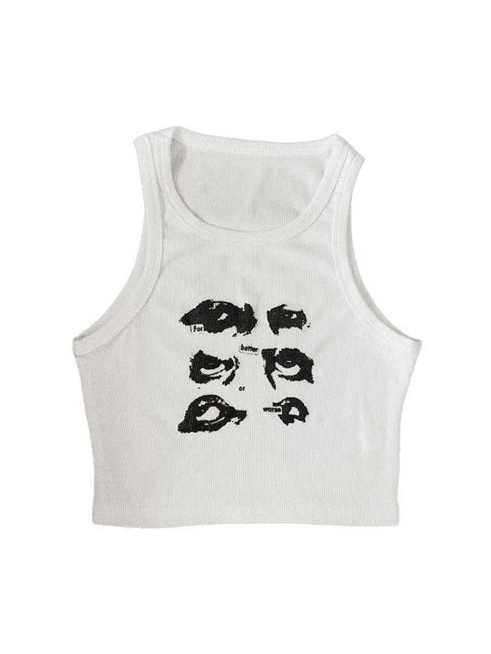 Quirky Face Print Crop Top - Y2K Aesthetic Fashion - Coquette & Grunge Vibes - Cute & Playful