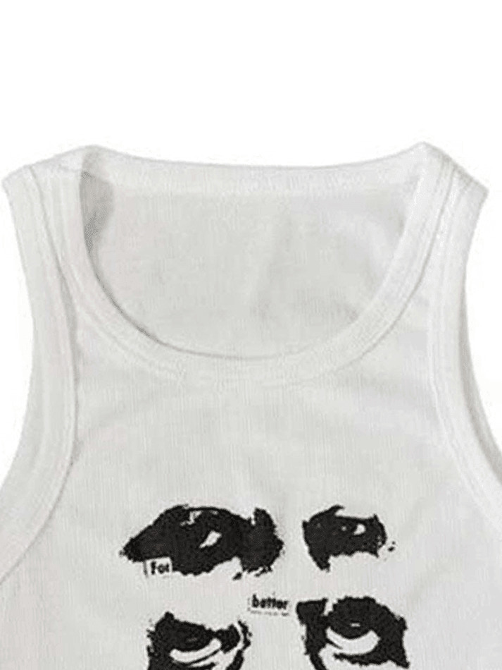 Quirky Face Print Crop Top - Y2K Aesthetic Fashion - Coquette & Grunge Vibes - Cute & Playful