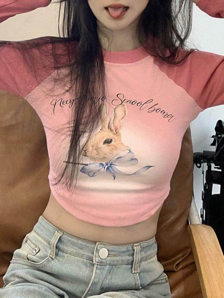 Rabbit Print Raglan Crop Tee: Y2K Aesthetic Long Sleeve for Women - Coquette Style Grunge Fashion