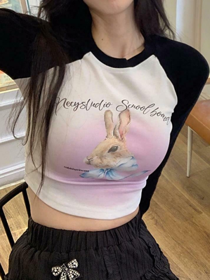 Rabbit Print Raglan Crop Tee: Y2K Aesthetic Long Sleeve for Women - Coquette Style Grunge Fashion