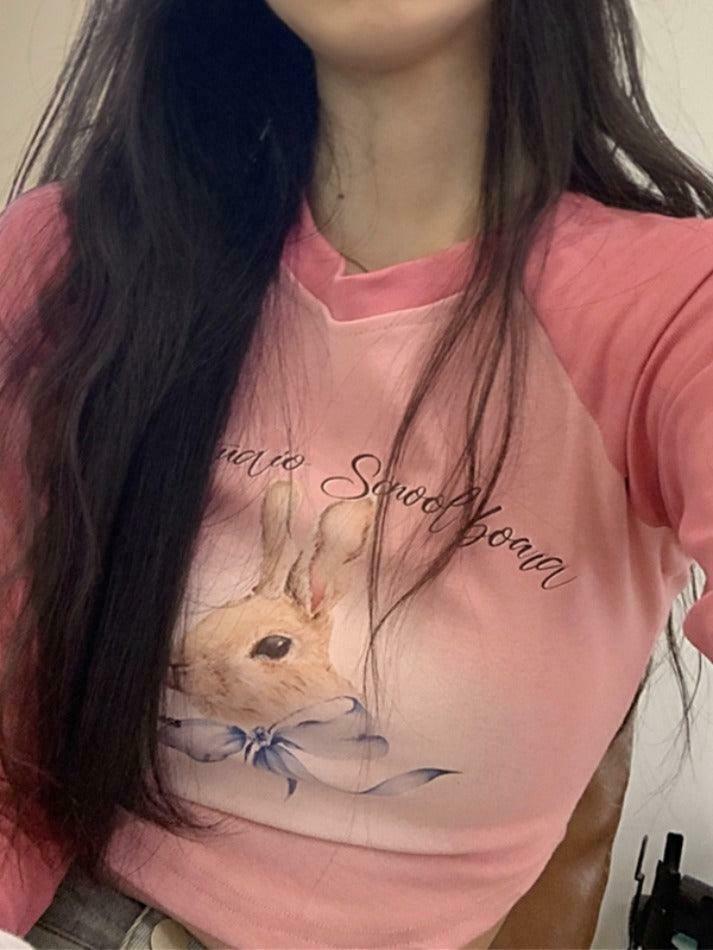 Rabbit Print Raglan Crop Tee: Y2K Aesthetic Long Sleeve for Women - Coquette Style Grunge Fashion