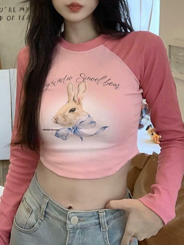 Rabbit Print Raglan Crop Tee: Y2K Aesthetic Long Sleeve for Women - Coquette Style Grunge Fashion