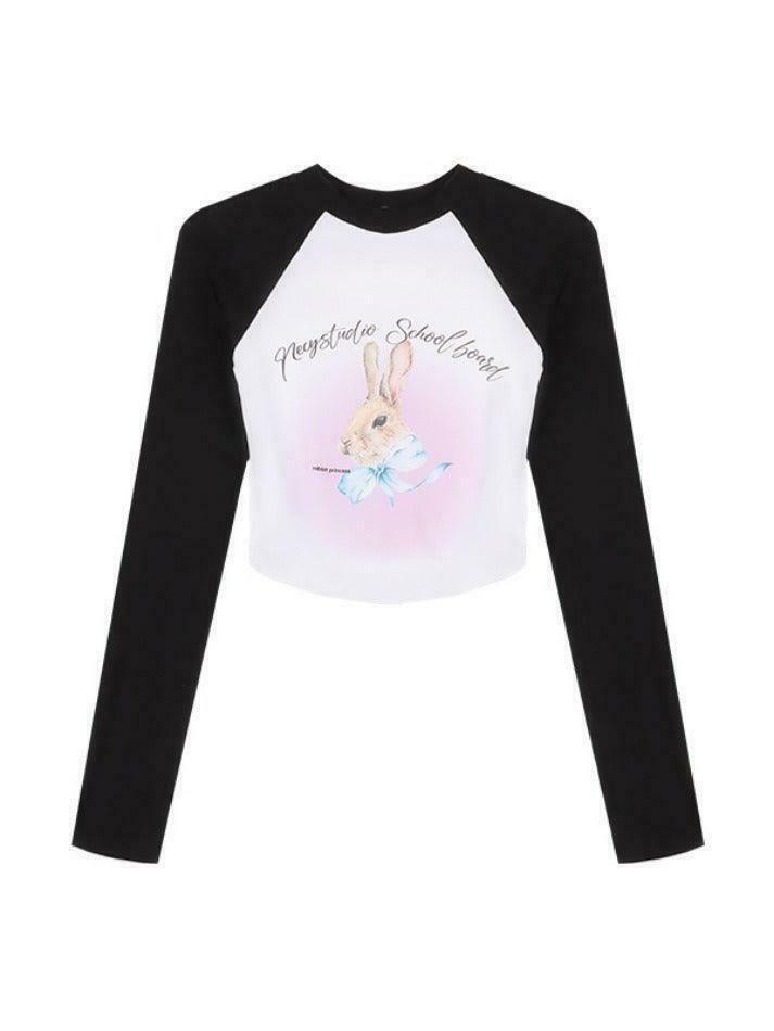Rabbit Print Raglan Crop Tee: Y2K Aesthetic Long Sleeve for Women - Coquette Style Grunge Fashion