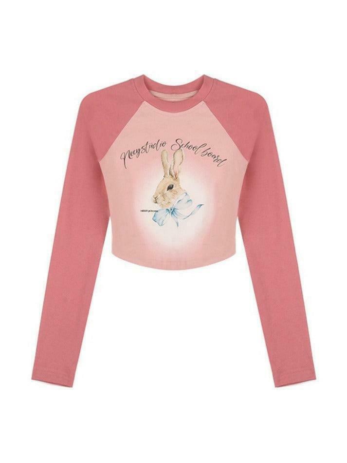 Rabbit Print Raglan Crop Tee: Y2K Aesthetic Long Sleeve for Women - Coquette Style Grunge Fashion
