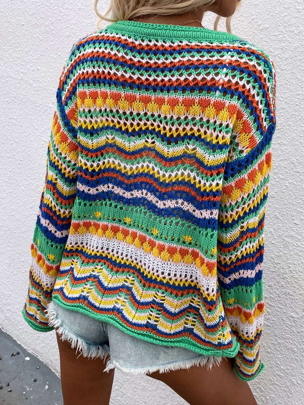 Rainbow Coloured Long Sleeve Knit Cardigan for Y2K Fashion Enthusiasts