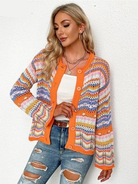 Rainbow Coloured Long Sleeve Knit Cardigan for Y2K Fashion Enthusiasts