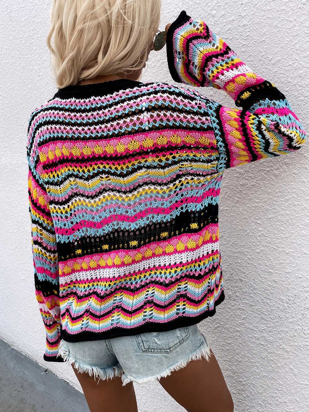 Rainbow Coloured Long Sleeve Knit Cardigan for Y2K Fashion Enthusiasts