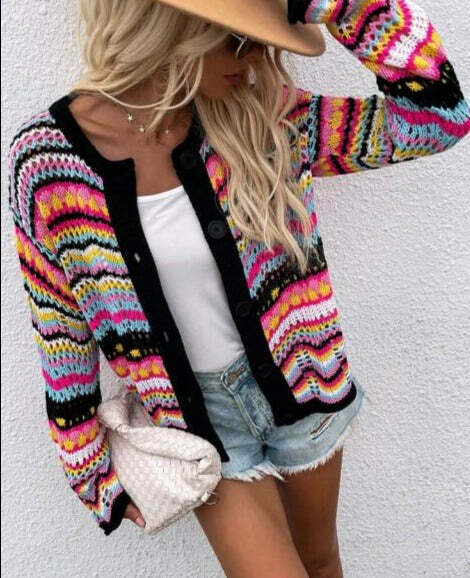 Rainbow Coloured Long Sleeve Knit Cardigan for Y2K Fashion Enthusiasts