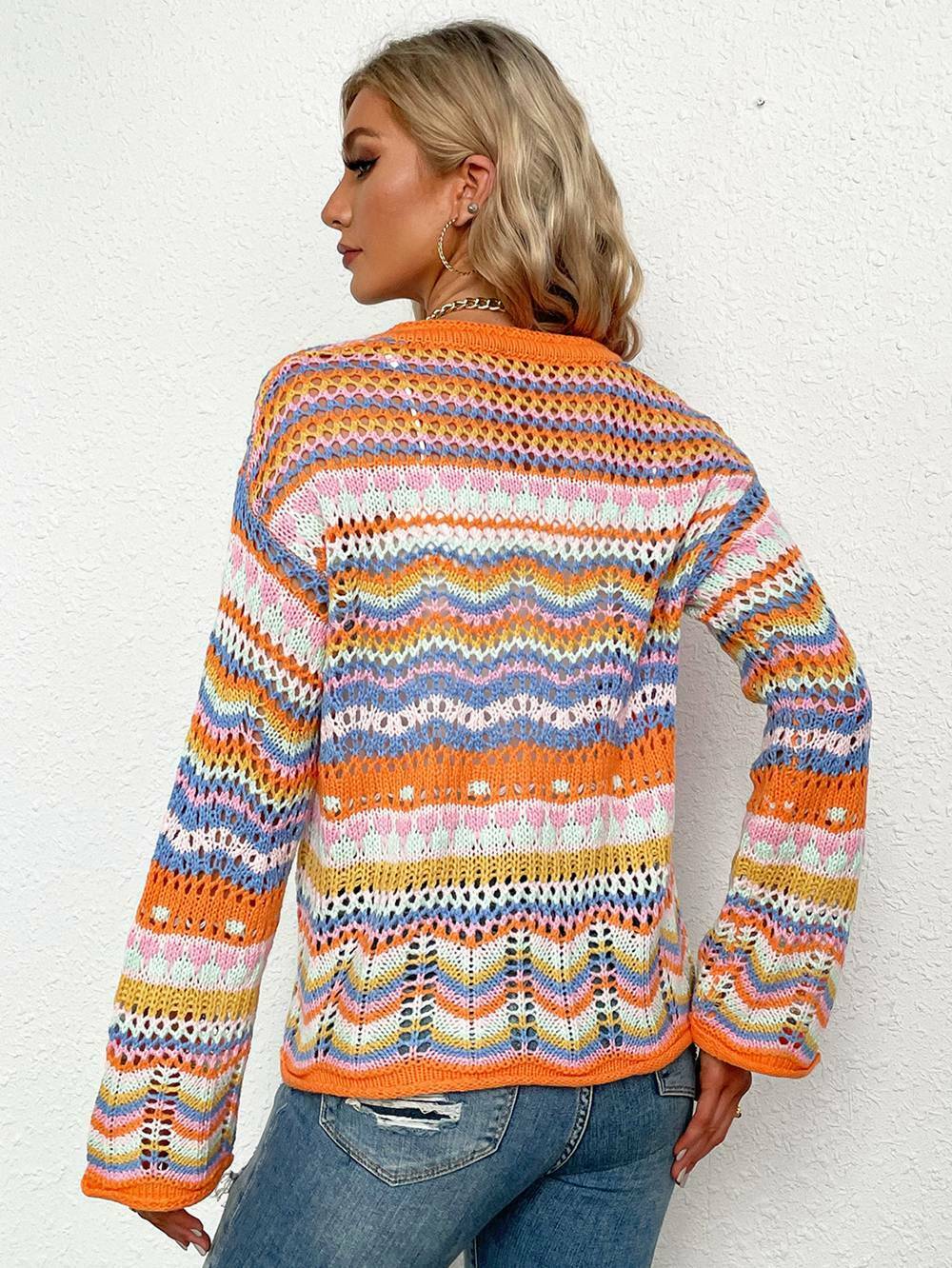 Rainbow Coloured Long Sleeve Knit Cardigan for Y2K Fashion Enthusiasts