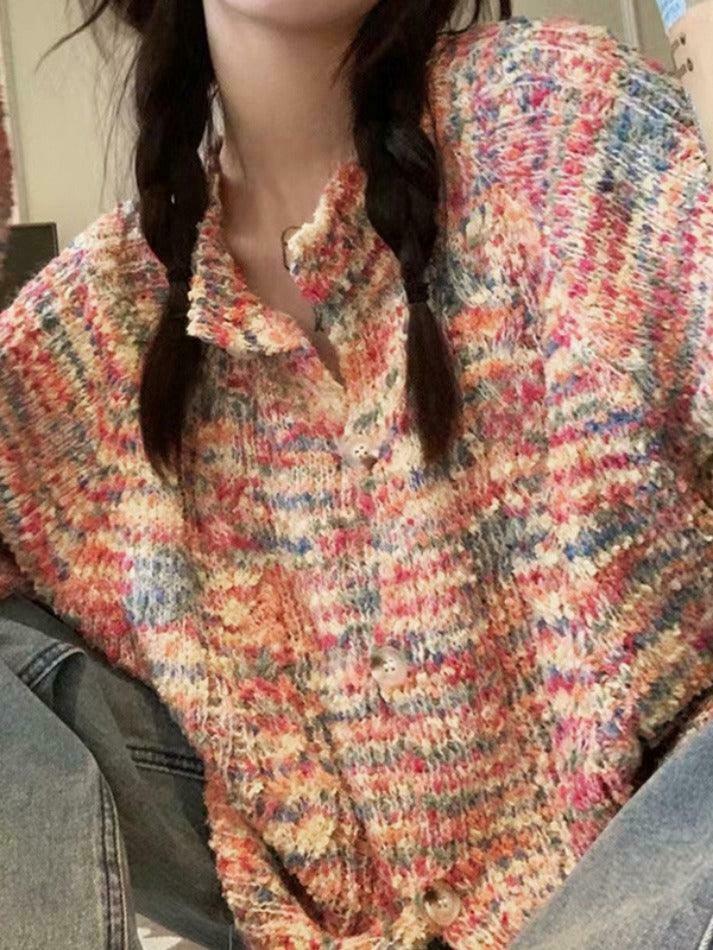 Rainbow Front Button Cardigan - Y2K Fashion Staple with Coquette Aesthetic & Grunge Style