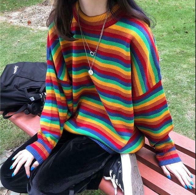 Rainbow Oversized Knit Sweater - Y2K Aesthetic Fashion for Women - Coquette Style Grunge Outfits