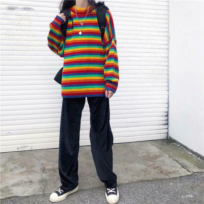 Rainbow Oversized Knit Sweater - Y2K Aesthetic Fashion for Women - Coquette Style Grunge Outfits