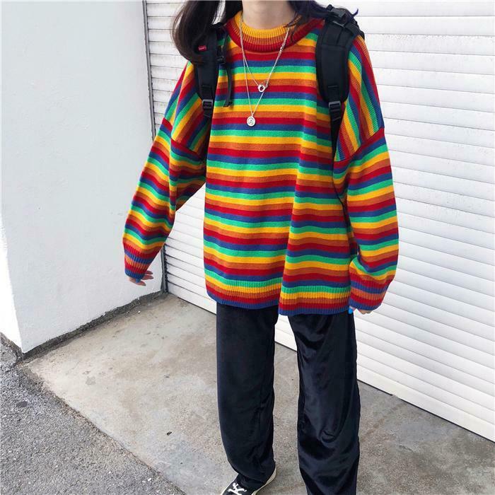 Rainbow Oversized Knit Sweater - Y2K Aesthetic Fashion for Women - Coquette Style Grunge Outfits