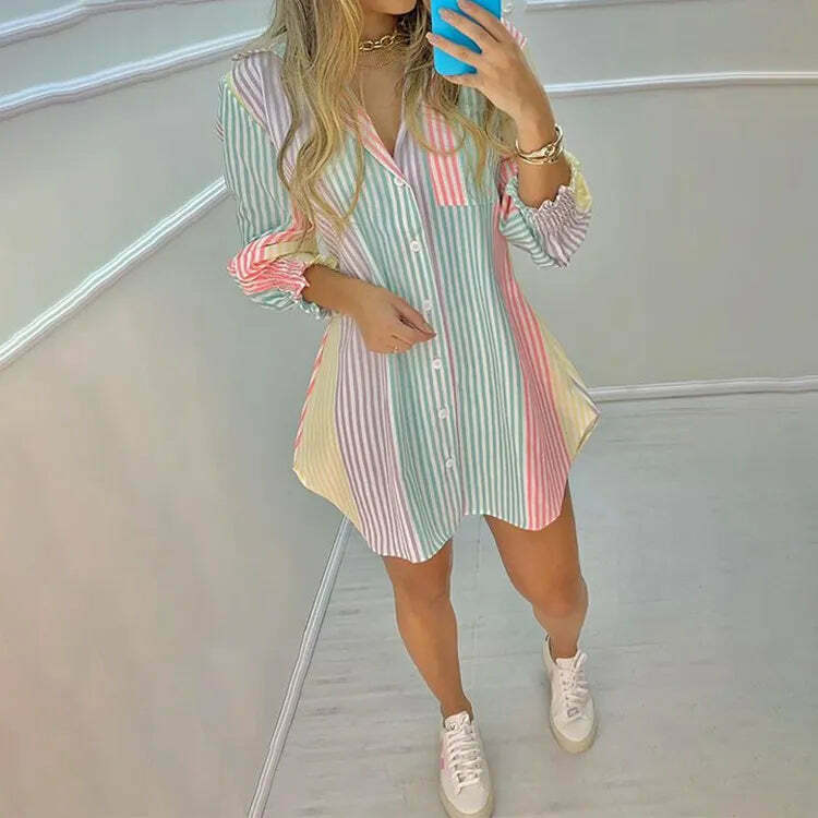 Rainbow Rush Stripes Shirt Dress - Y2K Fashion with Coquette Aesthetic