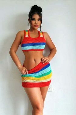 Rainbow Sherbet Bliss Knitted Set - Y2K Fashion Outfit with Coquette Aesthetic and Grunge Style