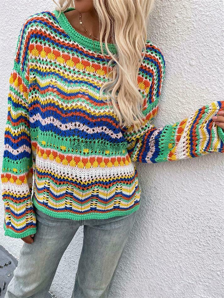 Rainbow Stripe Crochet Knit Sweater - Y2K Aesthetic Coquette Style for Women's Fashion