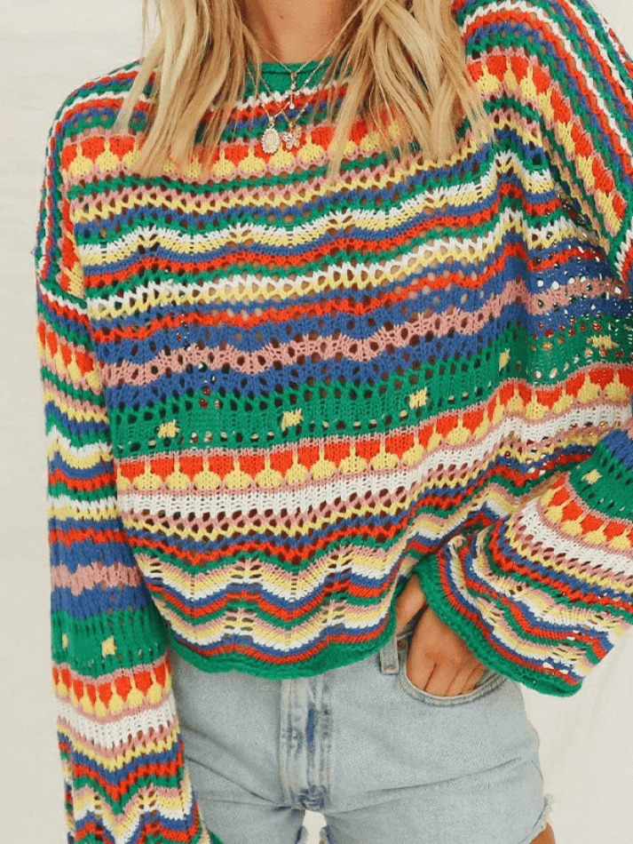 Rainbow Stripe Crochet Knit Sweater - Y2K Aesthetic Coquette Style for Women's Fashion