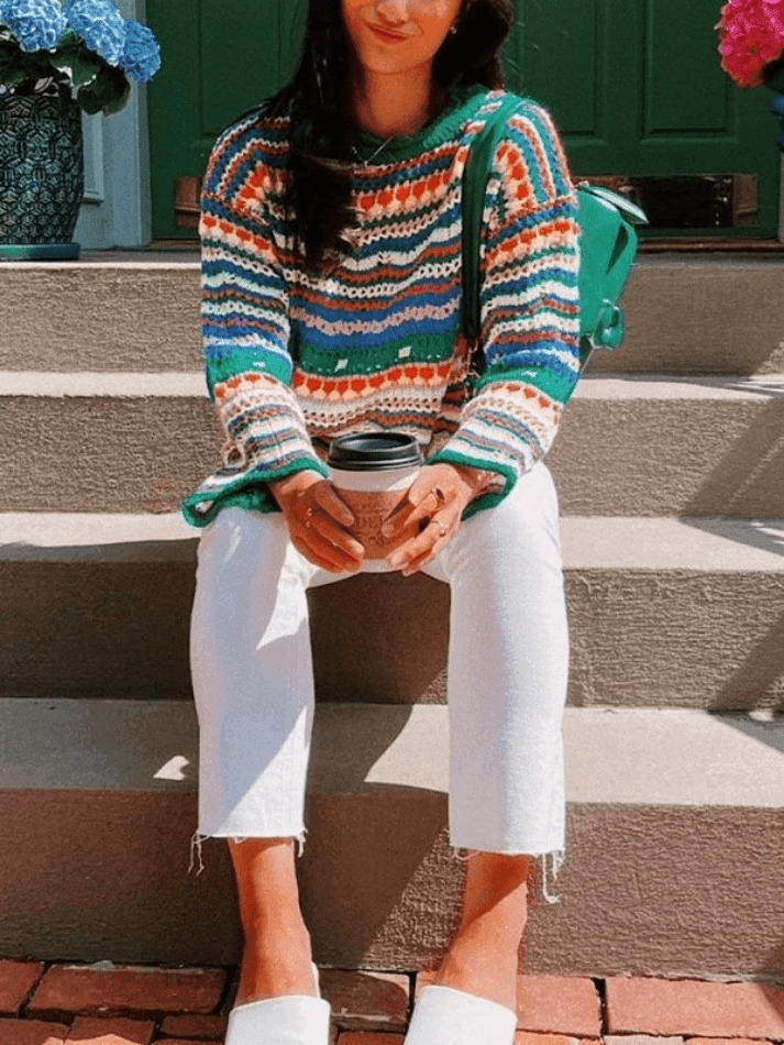 Rainbow Stripe Crochet Knit Sweater - Y2K Aesthetic Coquette Style for Women's Fashion