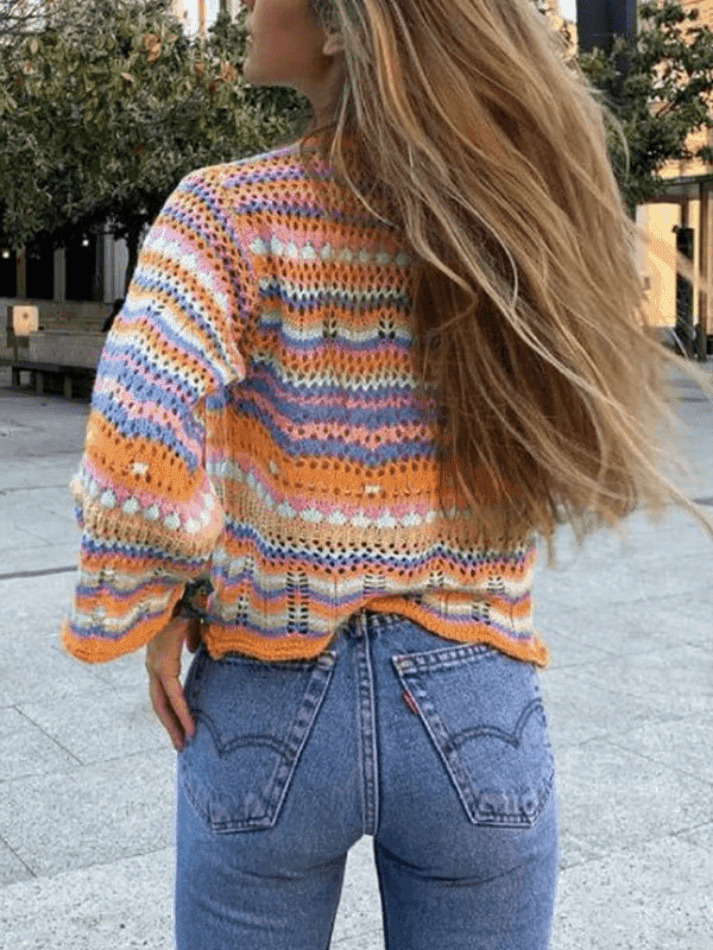 Rainbow Stripe Crochet Knit Sweater - Y2K Aesthetic Coquette Style for Women's Fashion