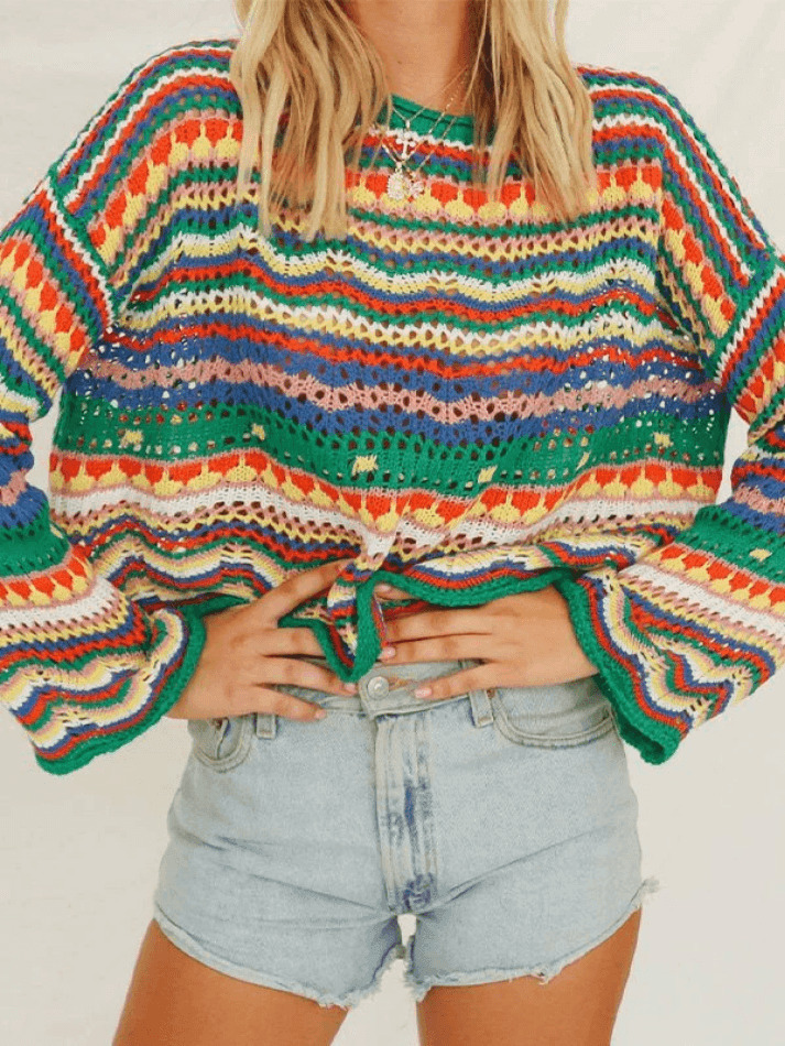 Rainbow Stripe Crochet Knit Sweater - Y2K Aesthetic Coquette Style for Women's Fashion