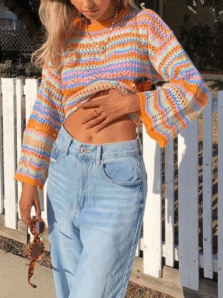 Rainbow Stripe Crochet Knit Sweater - Y2K Aesthetic Coquette Style for Women's Fashion