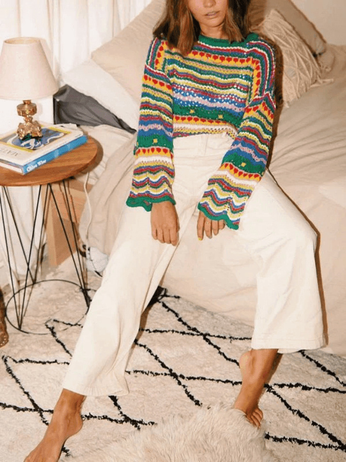 Rainbow Stripe Crochet Knit Sweater - Y2K Aesthetic Coquette Style for Women's Fashion