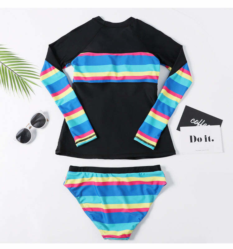 Rainbow Striped Halter Bikini Set for Y2K Fashion Enthusiasts