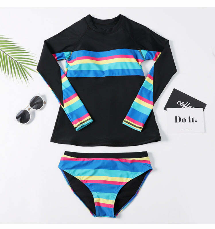 Rainbow Striped Halter Bikini Set for Y2K Fashion Enthusiasts